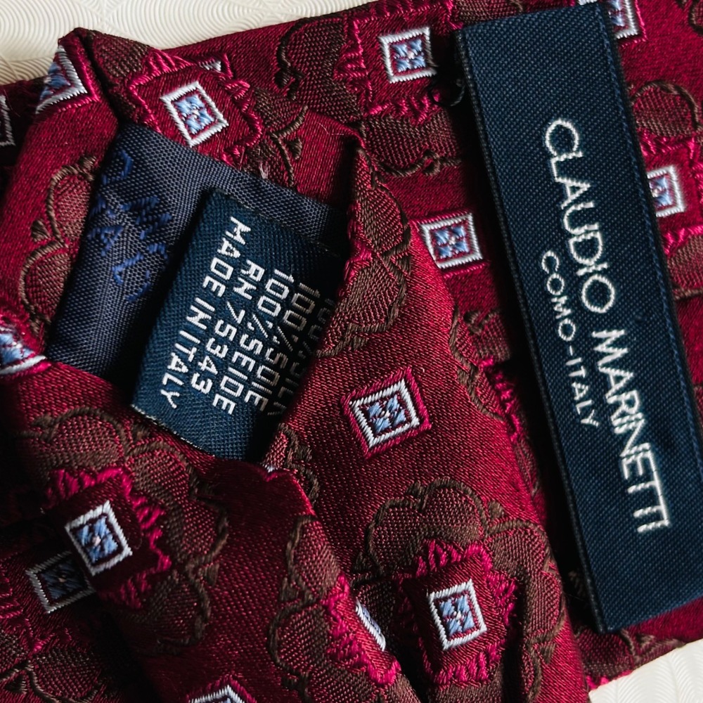 Claudio Marinetti Silk Tie Italy Red Floral Geometric Pattern Men's Luxury 60.5" - Picture 7 of 9